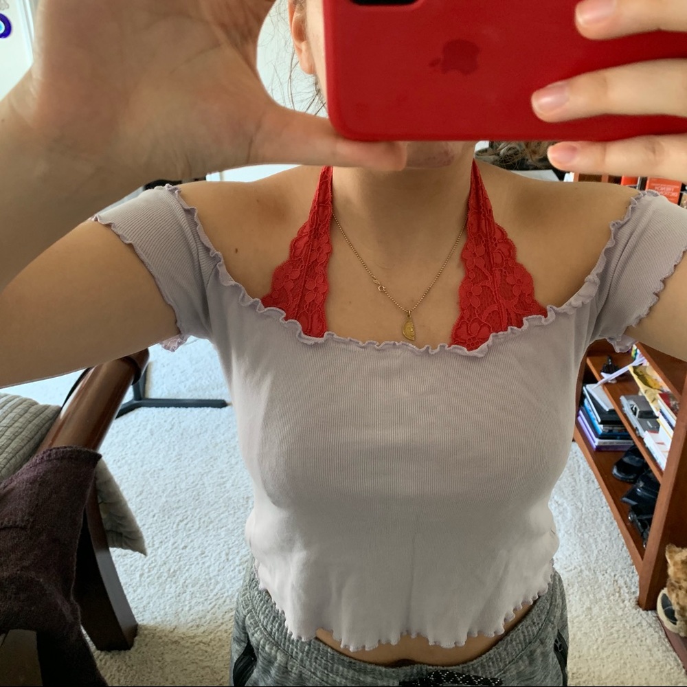 brandy off the shoulder lettuce trim crop top